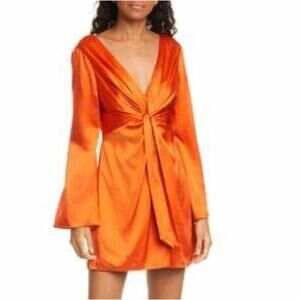 Cinq a Sept Caelan Burnt Orange Long Sleeve Silk Satin V-Neck Mini Dress Size 4